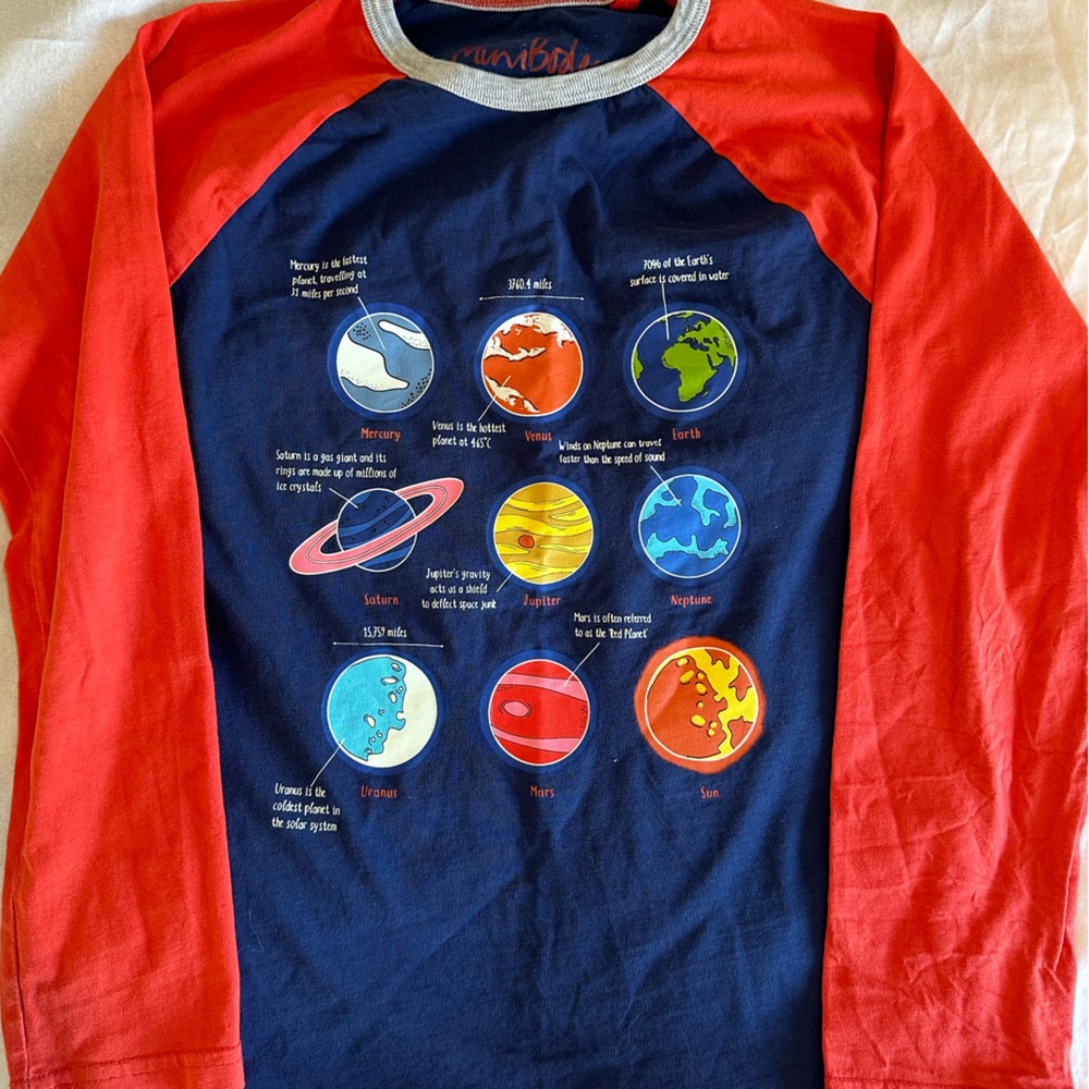 Mini Boden long sleeve blue/orange boys size 11-12 planets graphic tee.